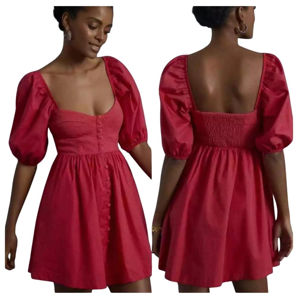 Anthropologie Maeve Women's Puff-Sleeve Sweetheart Mini Dress Wedding Red/pink